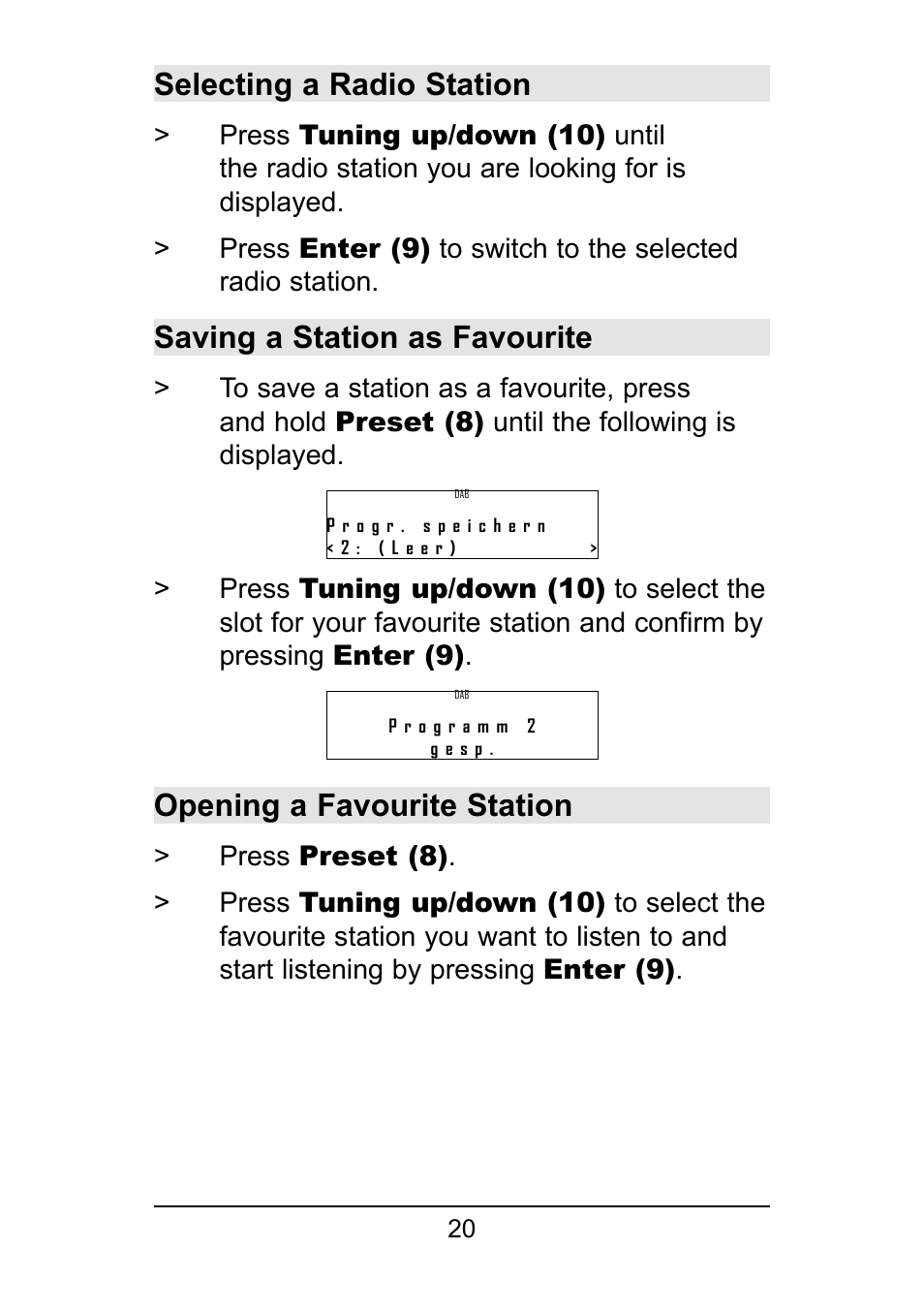 Selecting a radio station, Saving a station as favourite, Opening a favourite station | TechniSat DigitRadio 250 User Manual | Page 20 / 32