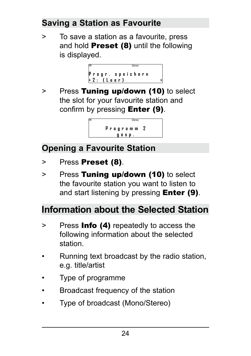 Information about the selected station, Saving a station as favourite, Opening a favourite station | TechniSat DigitRadio 250 User Manual | Page 24 / 32