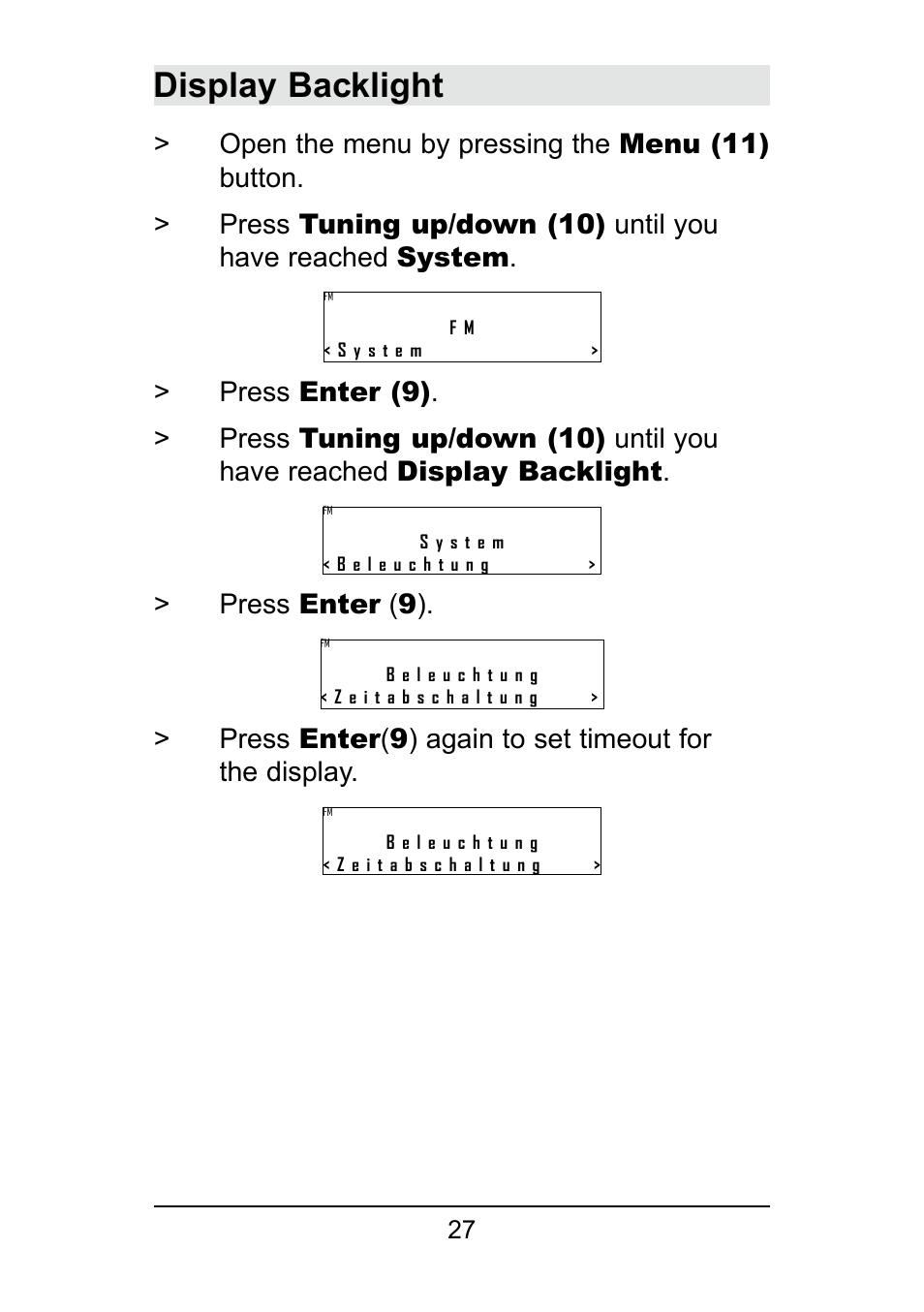 Display backlight, Press enter ( 9 ) | TechniSat DigitRadio 250 User Manual | Page 27 / 32