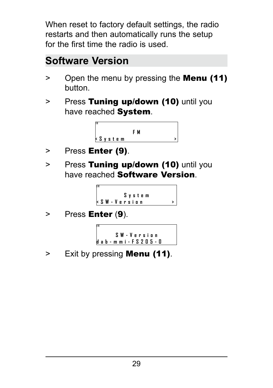 Software version, Press enter ( 9 ), Exit by pressing menu (11) | TechniSat DigitRadio 250 User Manual | Page 29 / 32