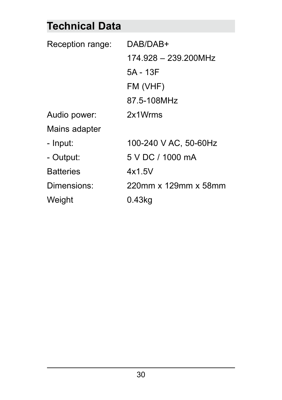 Technical data | TechniSat DigitRadio 250 User Manual | Page 30 / 32