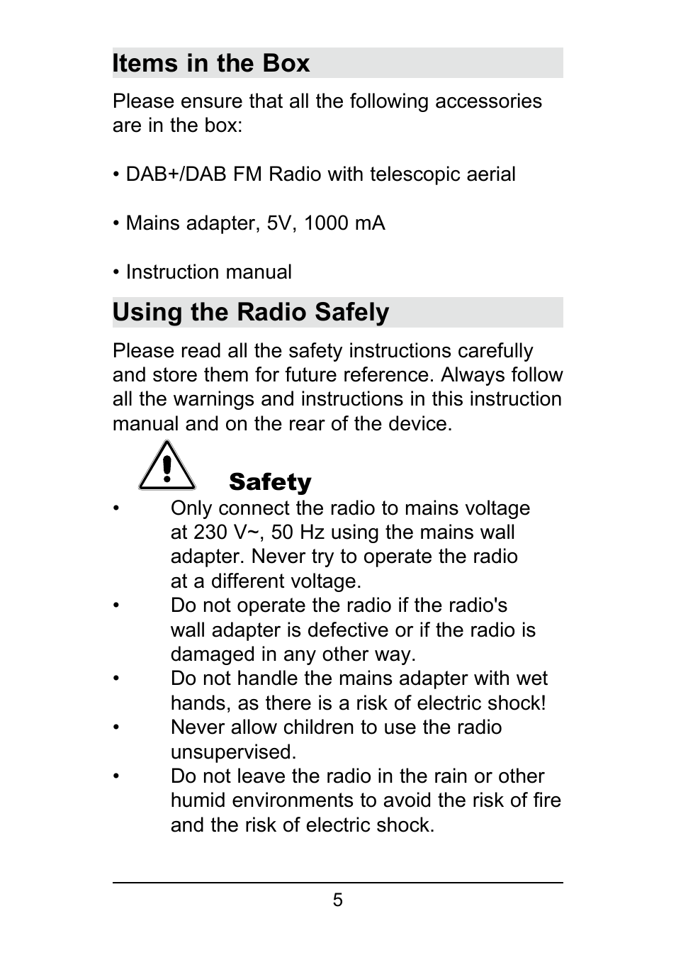 Items in the box, Using the radio safely, Safety | TechniSat DigitRadio 250 User Manual | Page 5 / 32