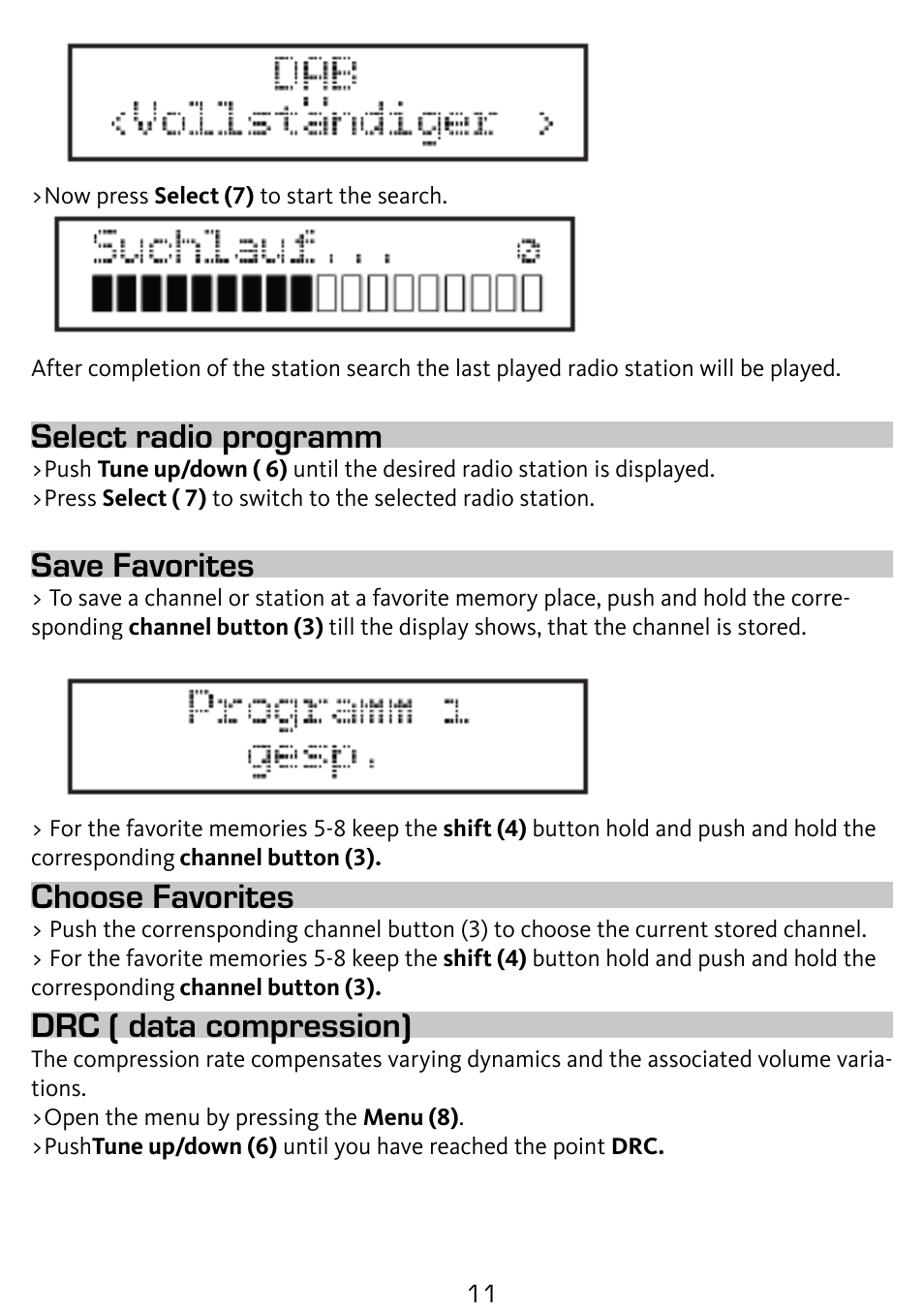 Select radio programm, Save favorites, Choose favorites | Drc ( data compression) | TechniSat DigitRadio 210 User Manual | Page 11 / 17