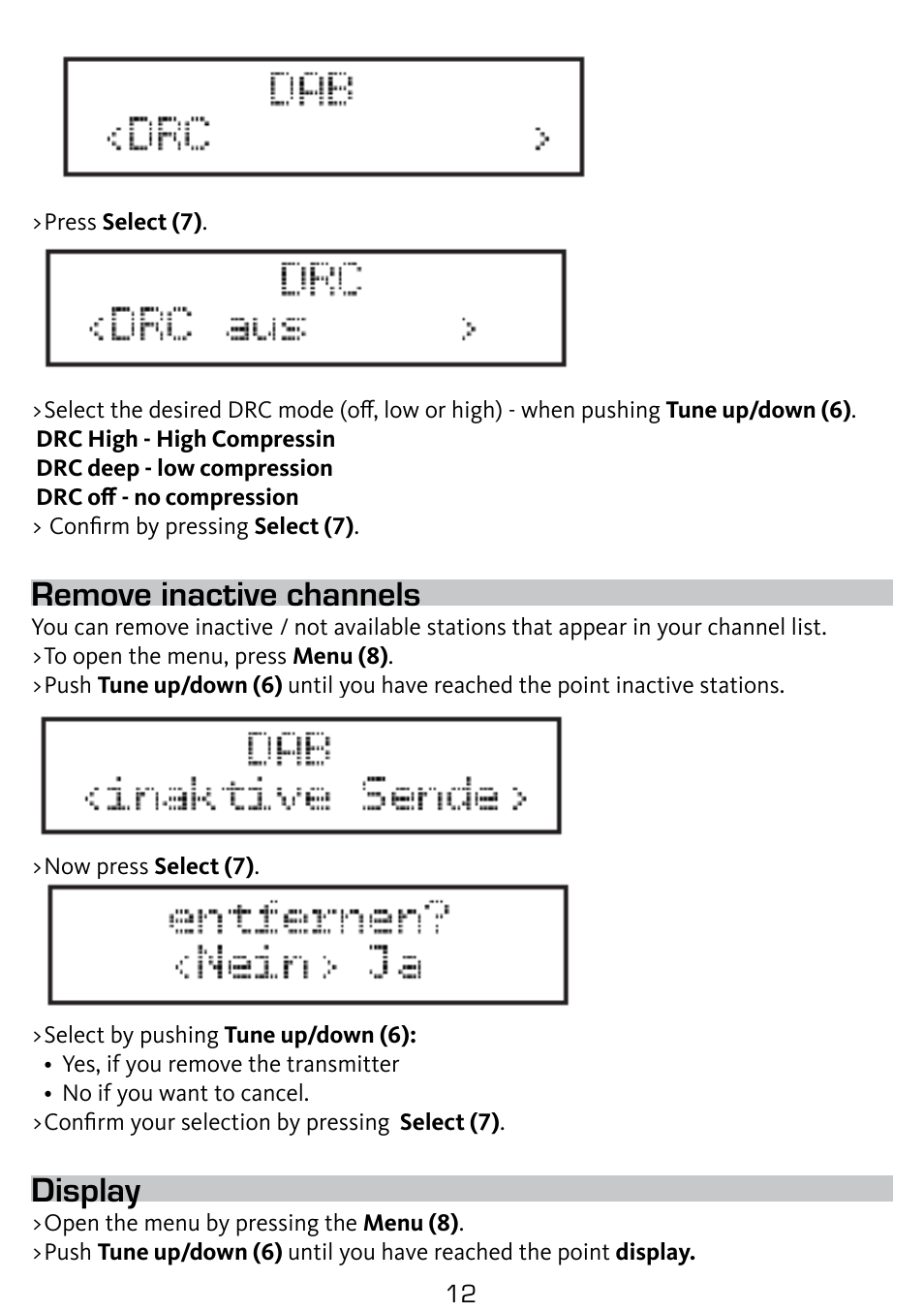 Remove inactive channels, Display | TechniSat DigitRadio 210 User Manual | Page 12 / 17