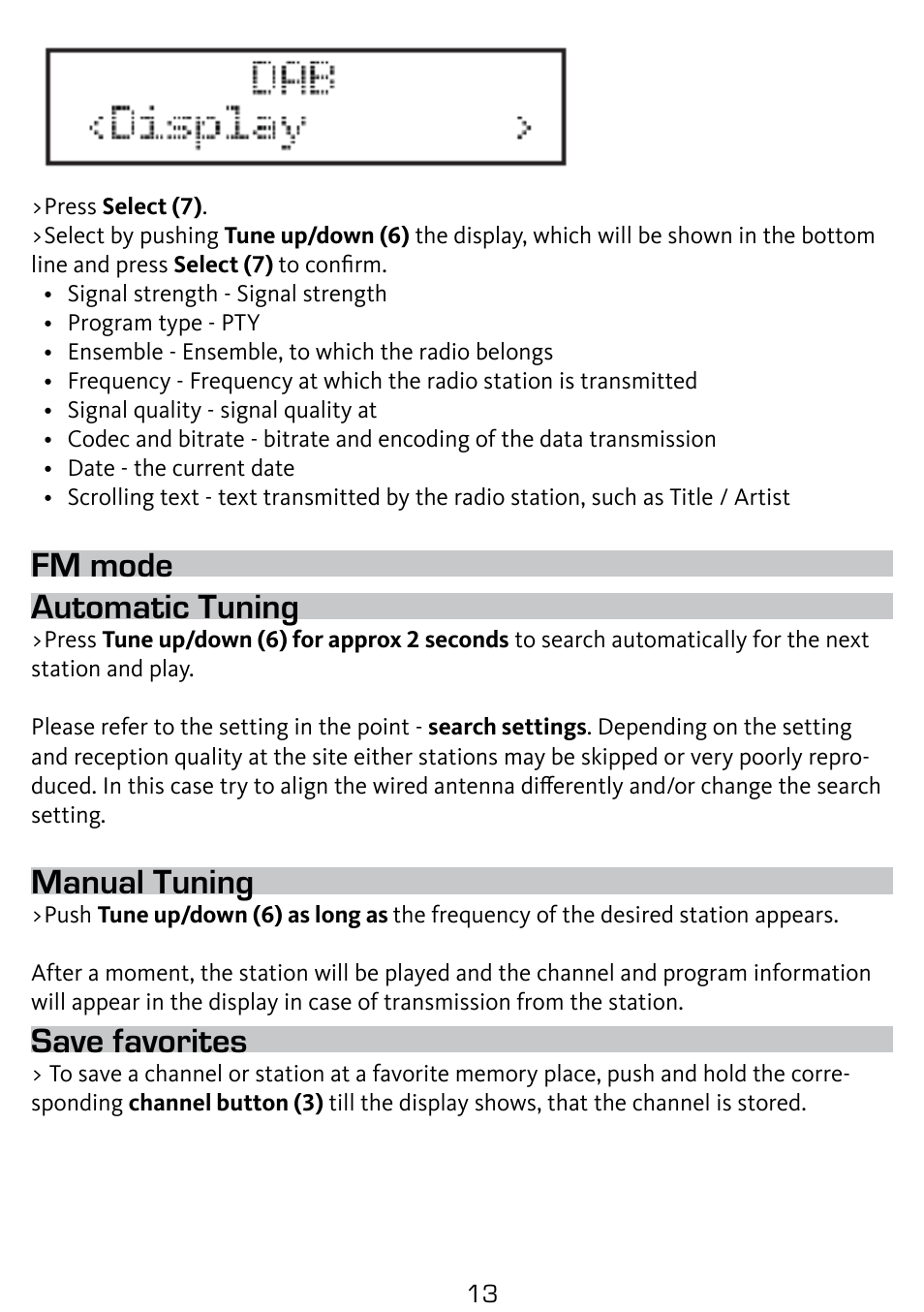 Fm mode automatic tuning, Manual tuning, Save favorites | TechniSat DigitRadio 210 User Manual | Page 13 / 17