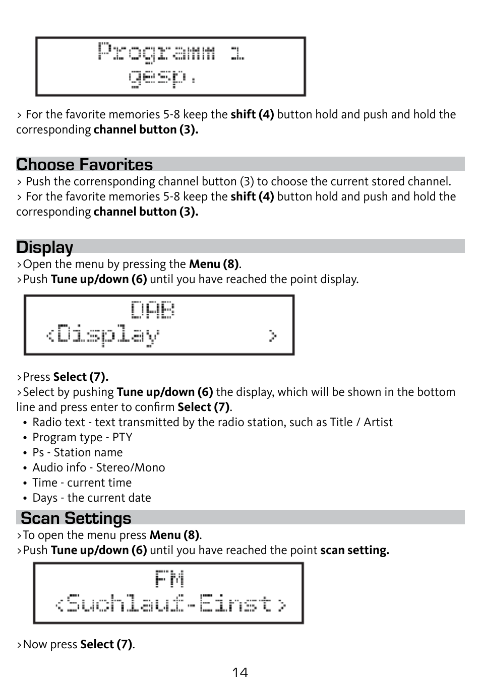 Choose favorites, Display, Scan settings | TechniSat DigitRadio 210 User Manual | Page 14 / 17