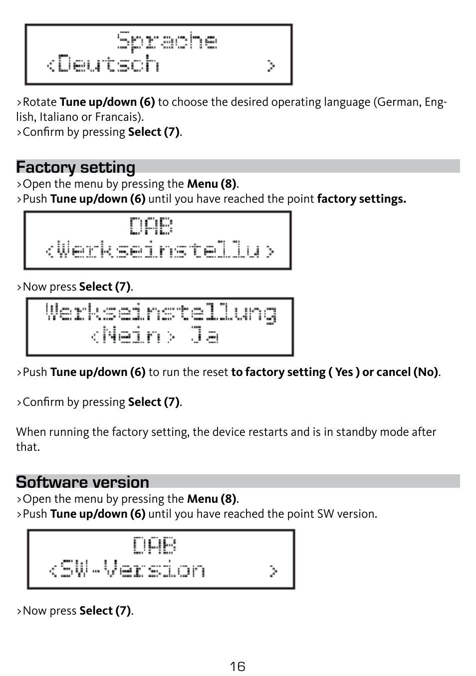 Factory setting, Software version | TechniSat DigitRadio 210 User Manual | Page 16 / 17