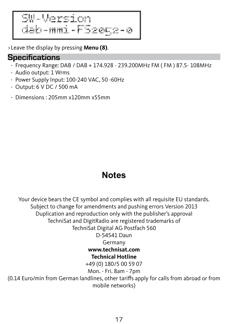 Specifications | TechniSat DigitRadio 210 User Manual | Page 17 / 17