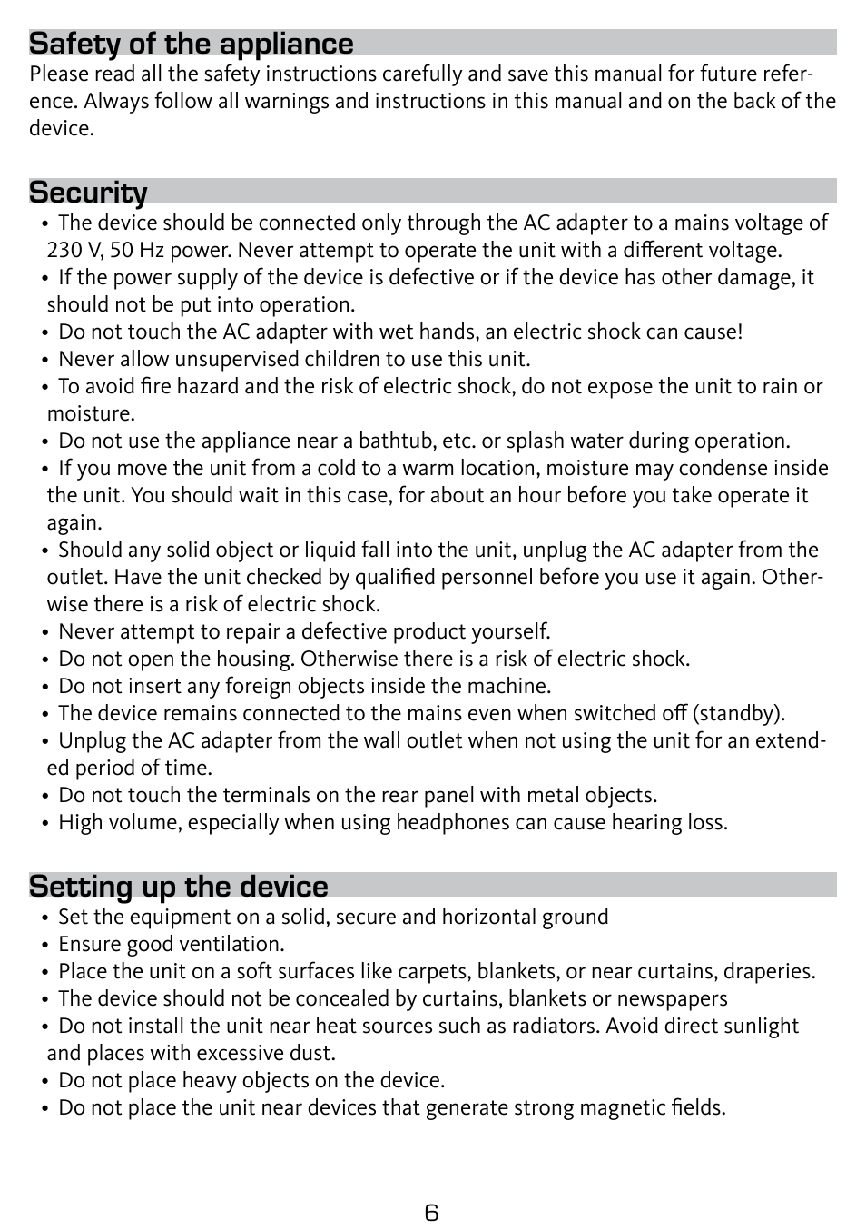 Safety of the appliance, Security, Setting up the device | TechniSat DigitRadio 210 User Manual | Page 6 / 17