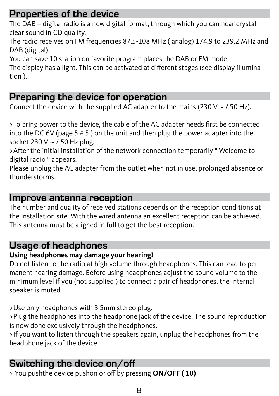 Properties of the device, Preparing the device for operation, Improve antenna reception | Usage of headphones, Switching the device on/off | TechniSat DigitRadio 210 User Manual | Page 8 / 17