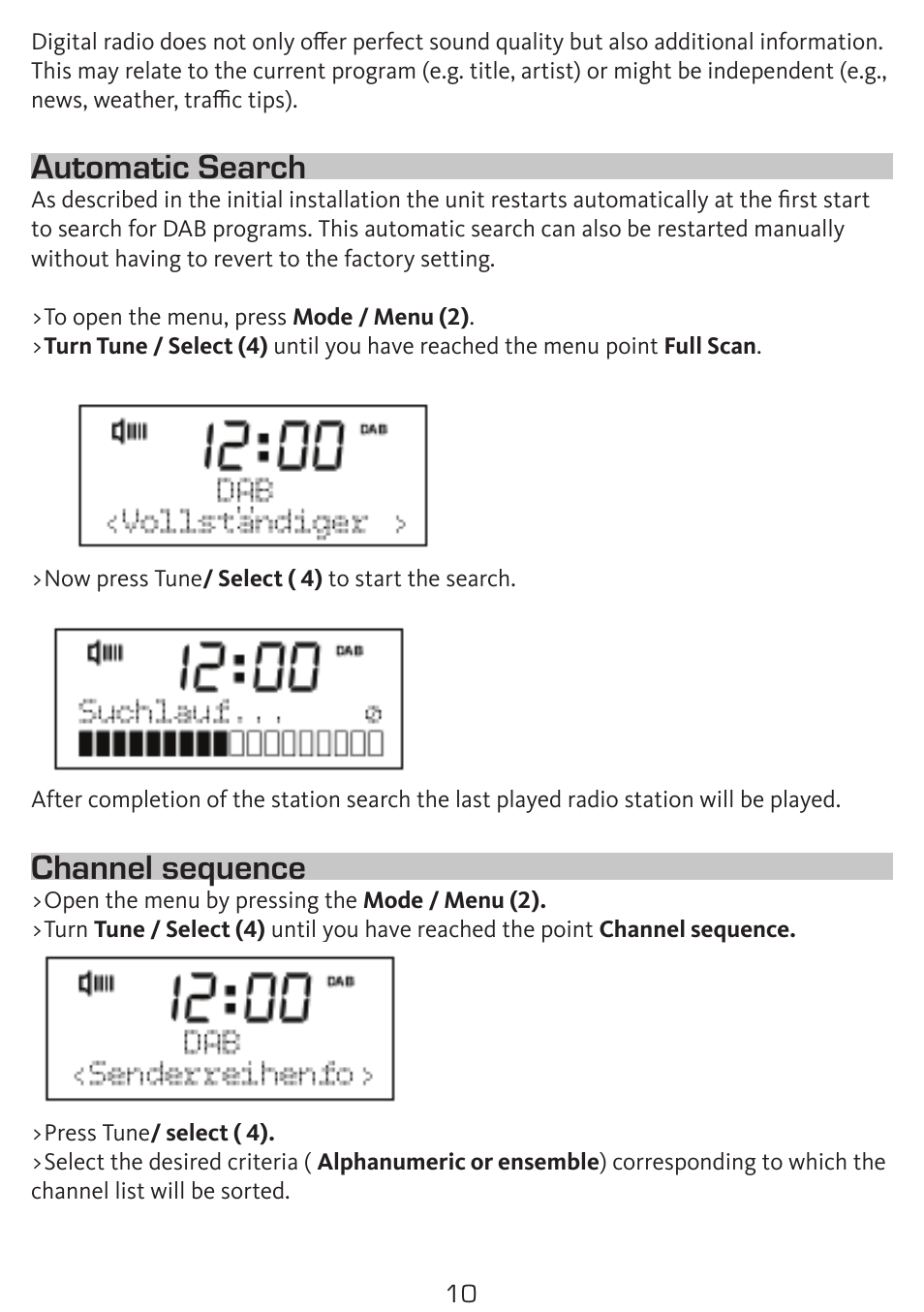 Automatic search, Channel sequence | TechniSat DigitRadio 50 User Manual | Page 10 / 23