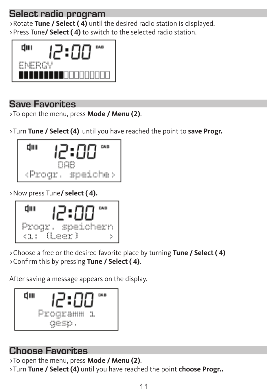 Select radio program, Save favorites, Choose favorites | TechniSat DigitRadio 50 User Manual | Page 11 / 23
