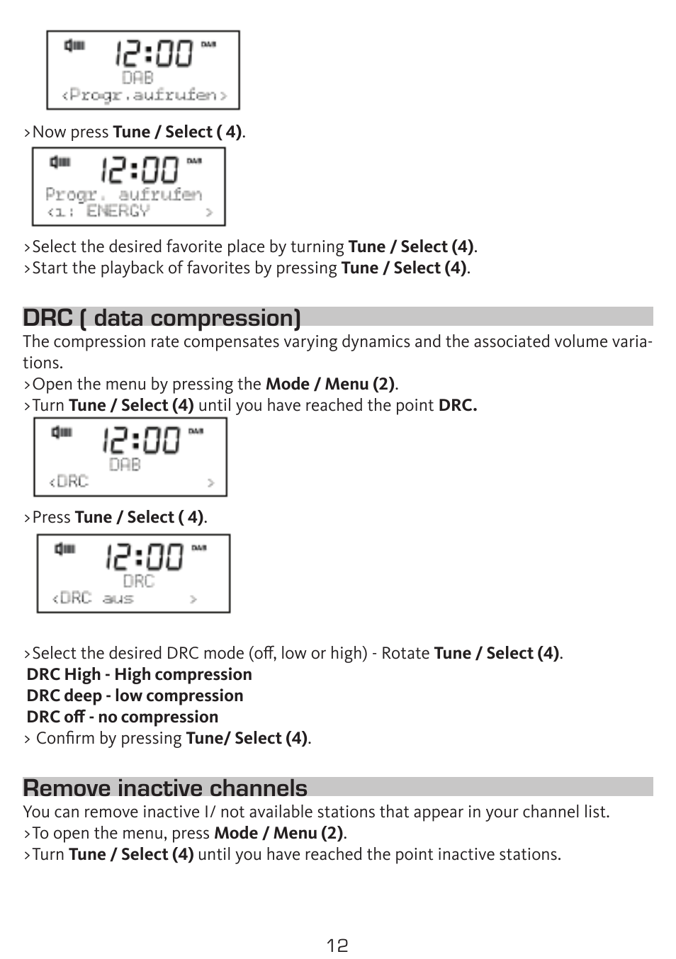 Drc ( data compression), Remove inactive channels | TechniSat DigitRadio 50 User Manual | Page 12 / 23