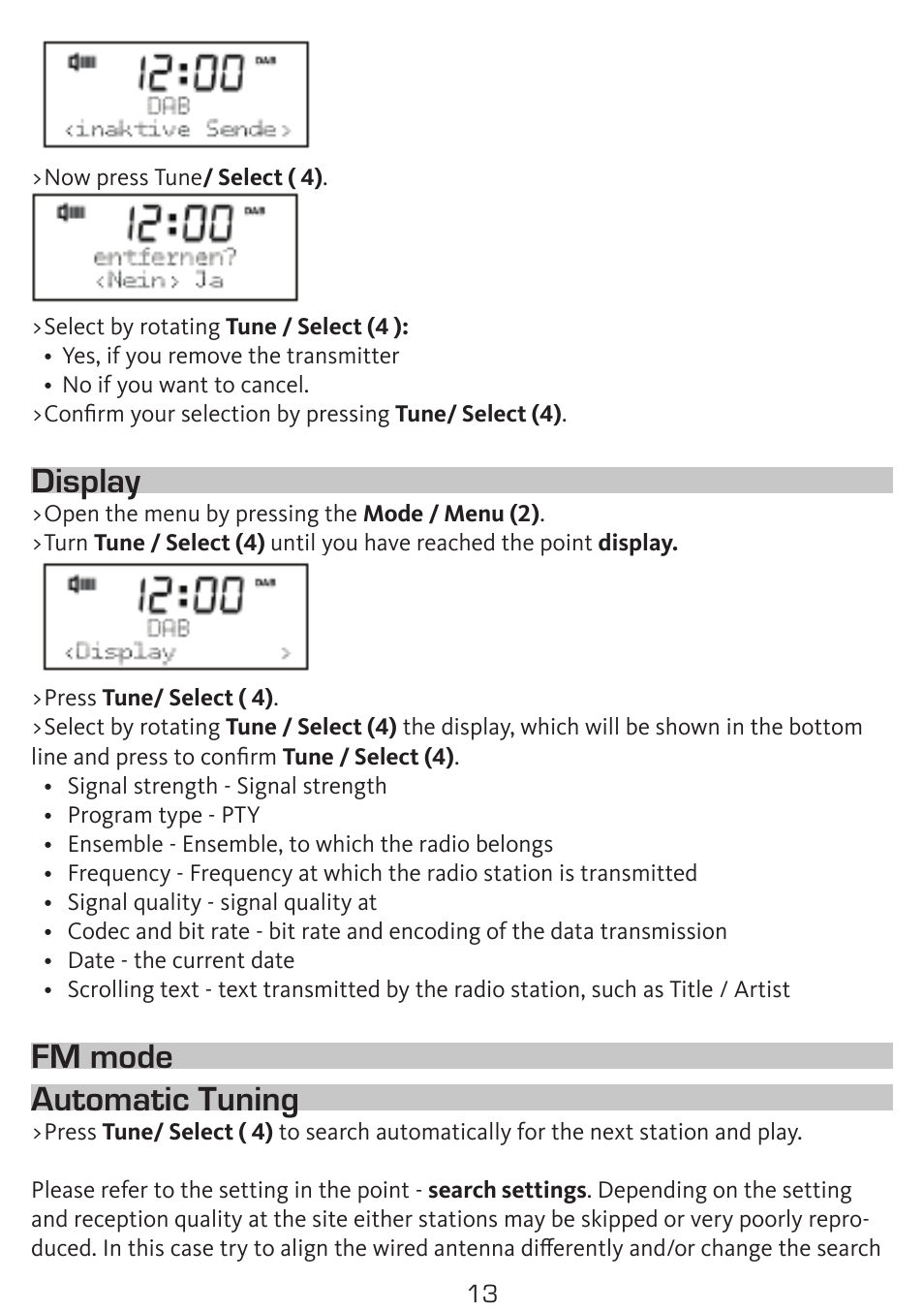 Display, Fm mode automatic tuning | TechniSat DigitRadio 50 User Manual | Page 13 / 23