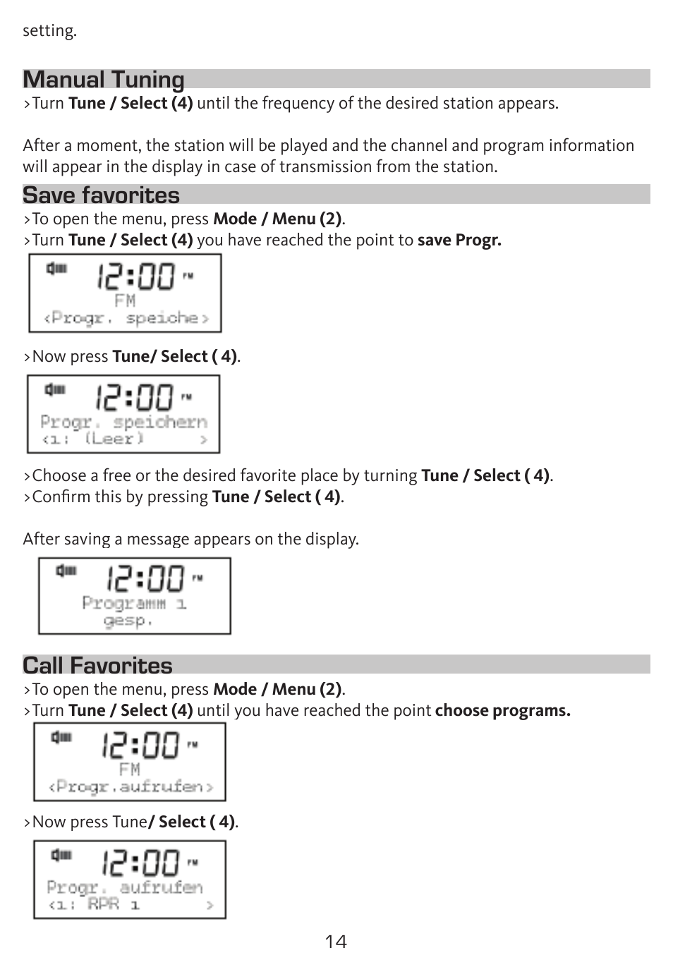 Manual tuning, Save favorites, Call favorites | TechniSat DigitRadio 50 User Manual | Page 14 / 23