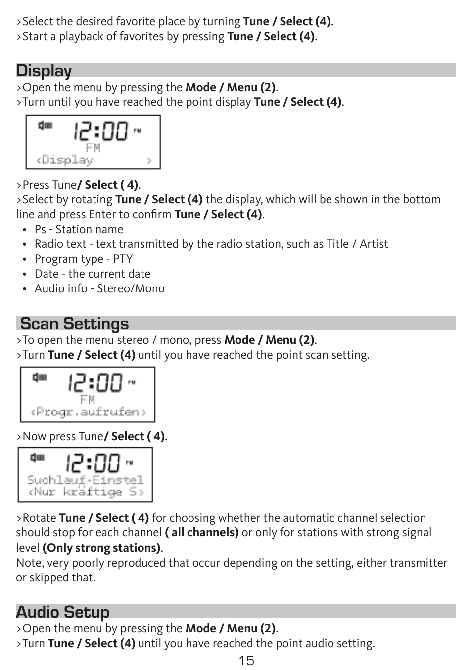 Display, Scan settings, Audio setup | TechniSat DigitRadio 50 User Manual | Page 15 / 23