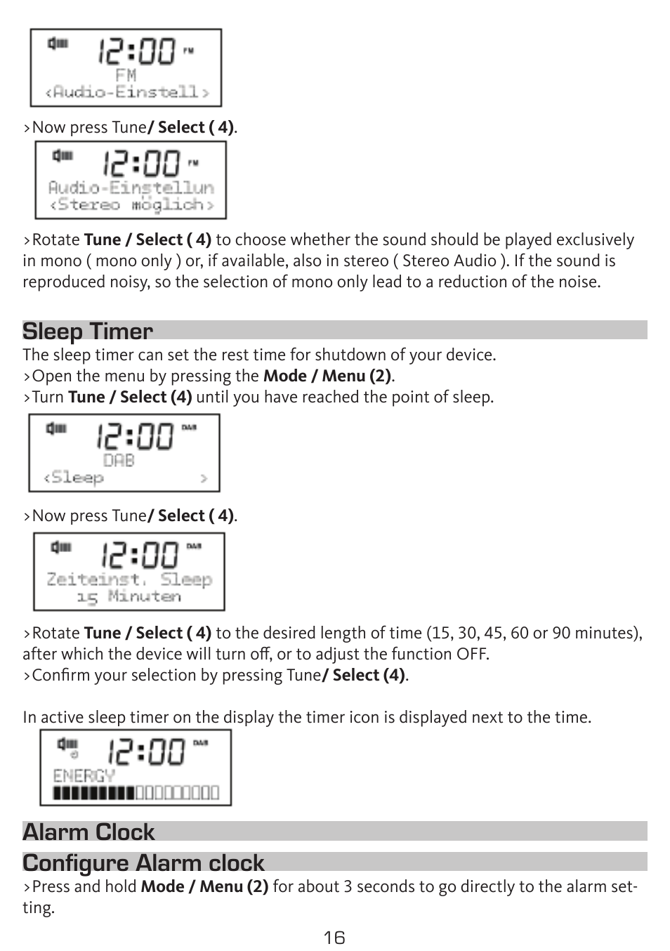Sleep timer, Alarm clock configure alarm clock | TechniSat DigitRadio 50 User Manual | Page 16 / 23
