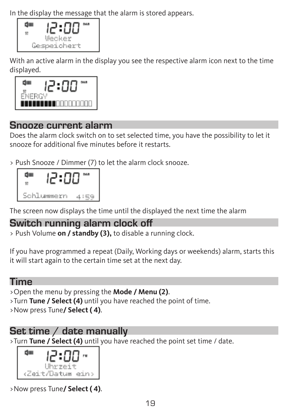 Snooze current alarm, Switch running alarm clock off, Time | Set time / date manually | TechniSat DigitRadio 50 User Manual | Page 19 / 23