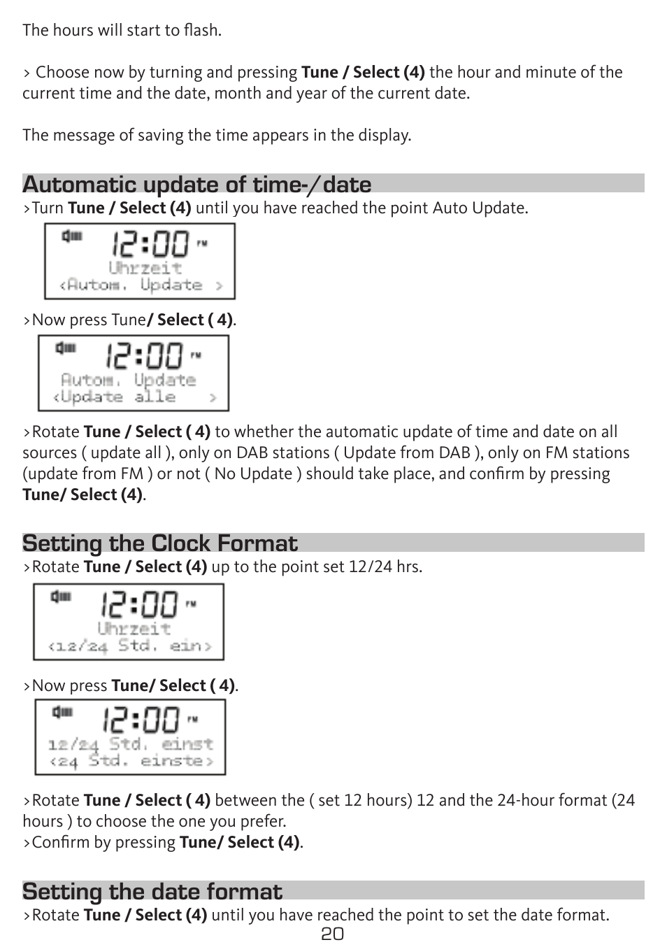 Automatic update of time-/date, Setting the clock format, Setting the date format | TechniSat DigitRadio 50 User Manual | Page 20 / 23