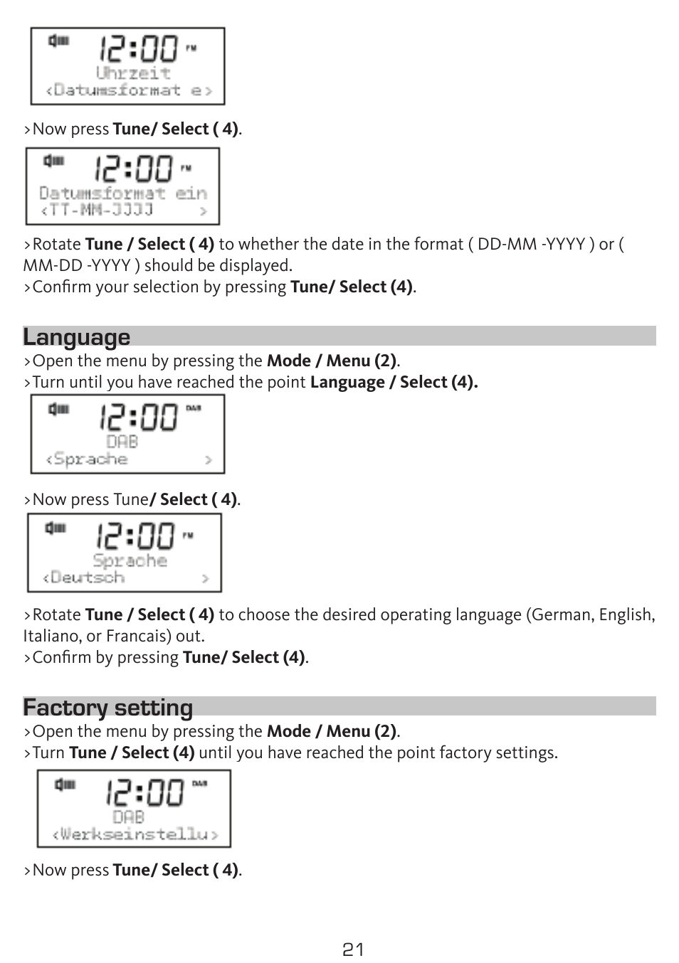 Language, Factory setting | TechniSat DigitRadio 50 User Manual | Page 21 / 23