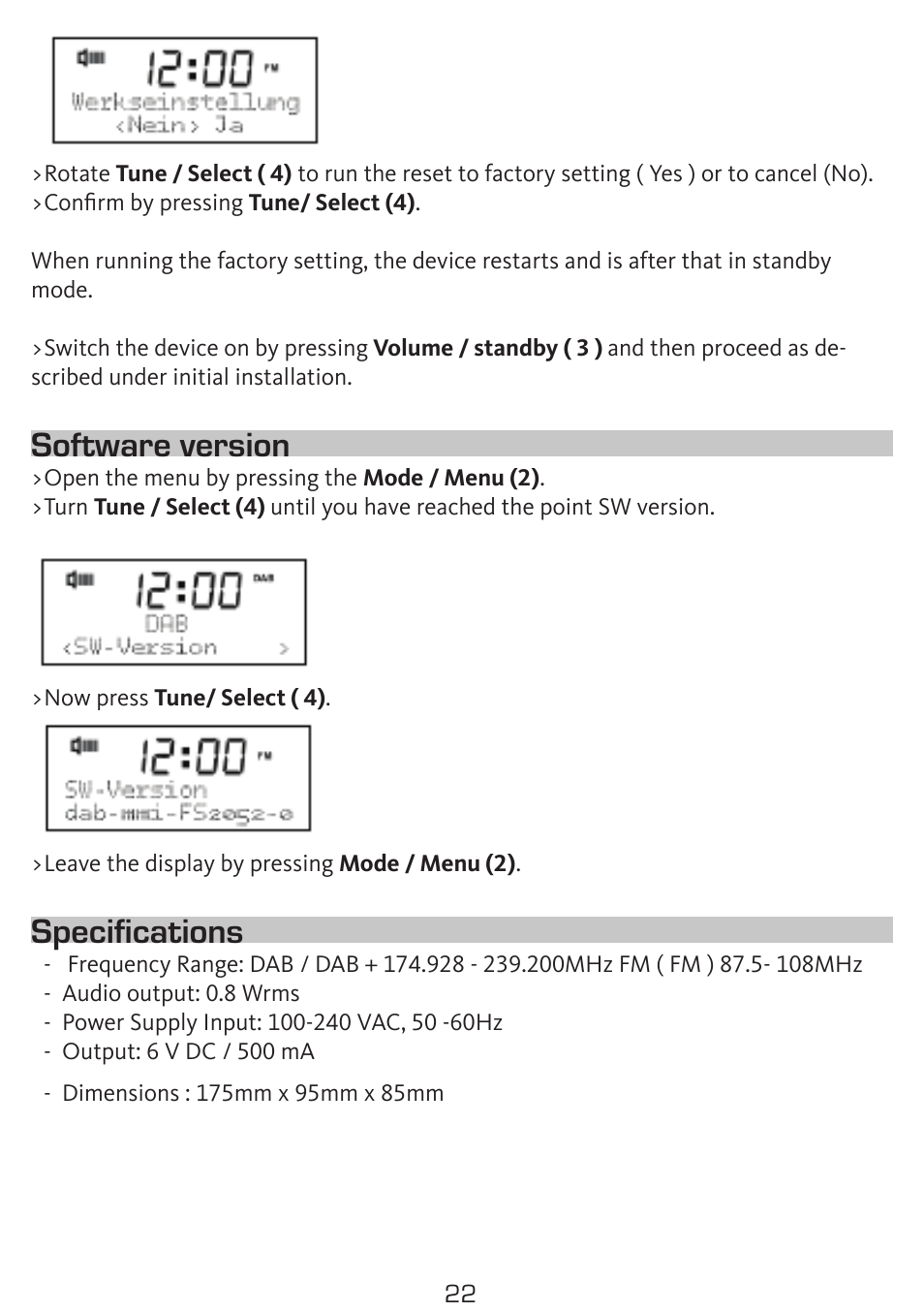 Software version, Specifications | TechniSat DigitRadio 50 User Manual | Page 22 / 23