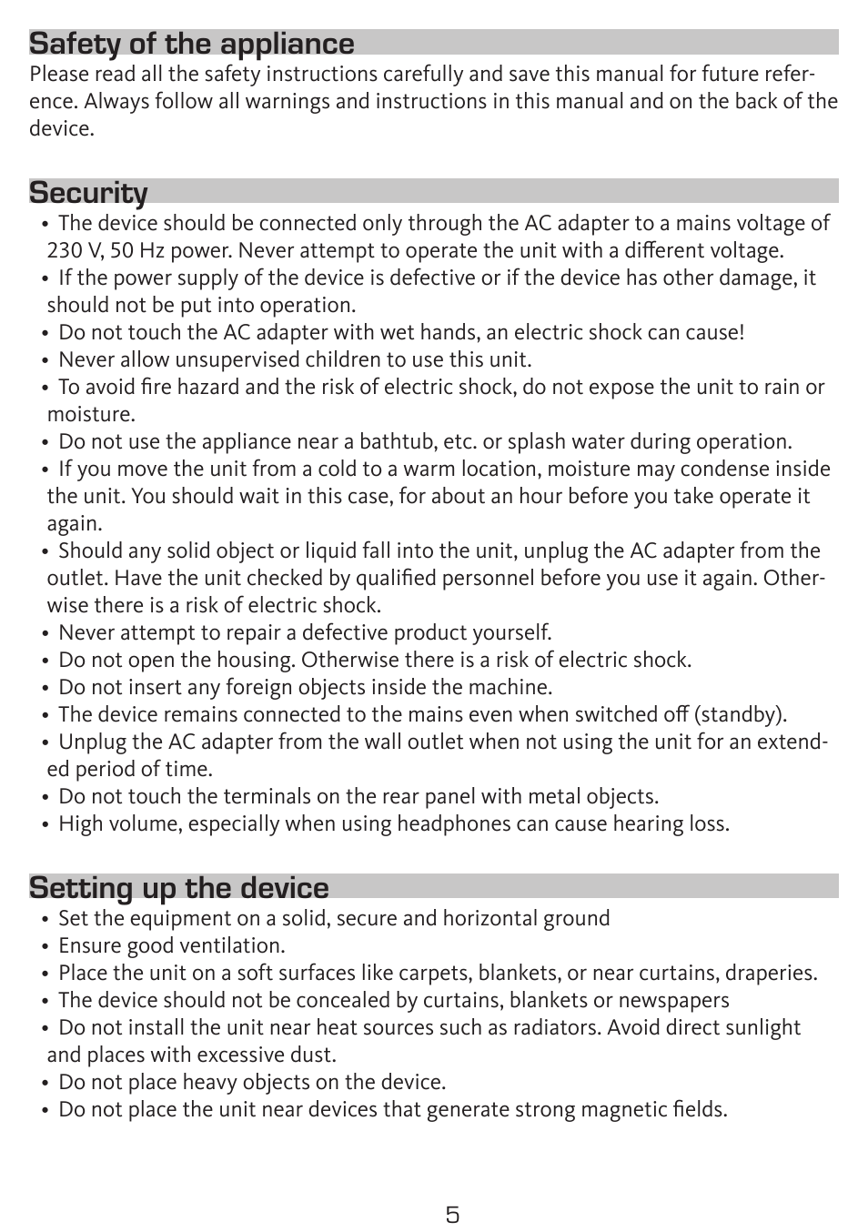 Safety of the appliance, Security, Setting up the device | TechniSat DigitRadio 50 User Manual | Page 5 / 23