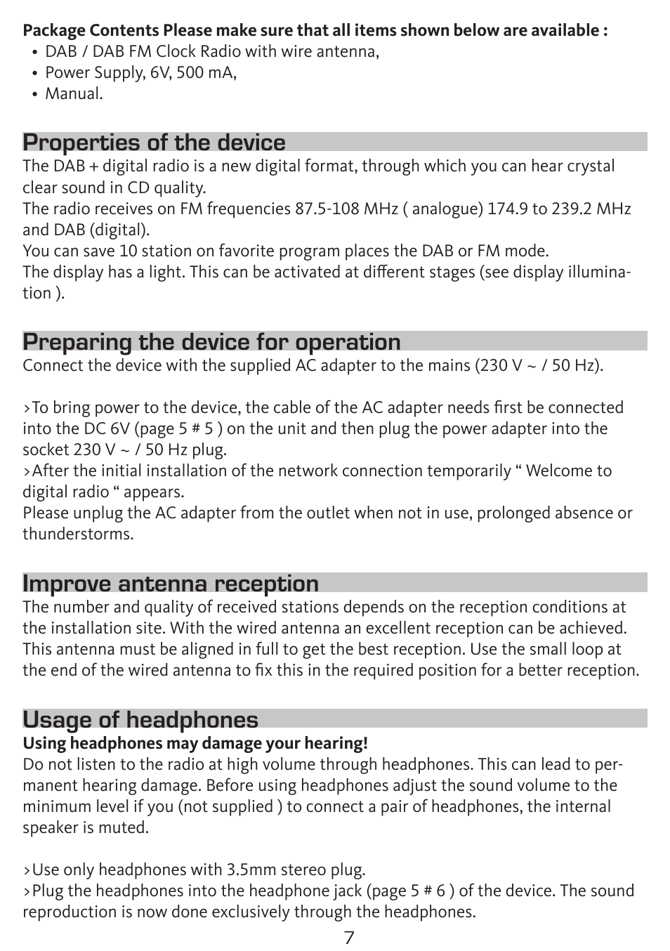 Properties of the device, Preparing the device for operation, Improve antenna reception | Usage of headphones | TechniSat DigitRadio 50 User Manual | Page 7 / 23