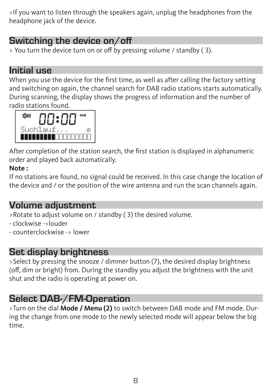 Switching the device on/off, Initial use, Volume adjustment | Set display brightness, Select dab-/fm-operation | TechniSat DigitRadio 50 User Manual | Page 8 / 23