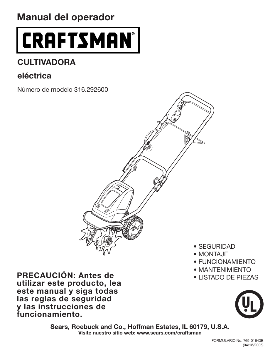 Manual del operador, Cultivadora eléctrica | Craftsman 316.2926 User Manual | Page 17 / 32