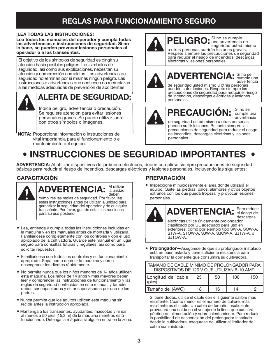 Instrucciones de seguridad importantes, Advertencia, Peligro | Precaución, Alerta de seguridad, Reglas para funcionamiento seguro | Craftsman 316.2926 User Manual | Page 19 / 32