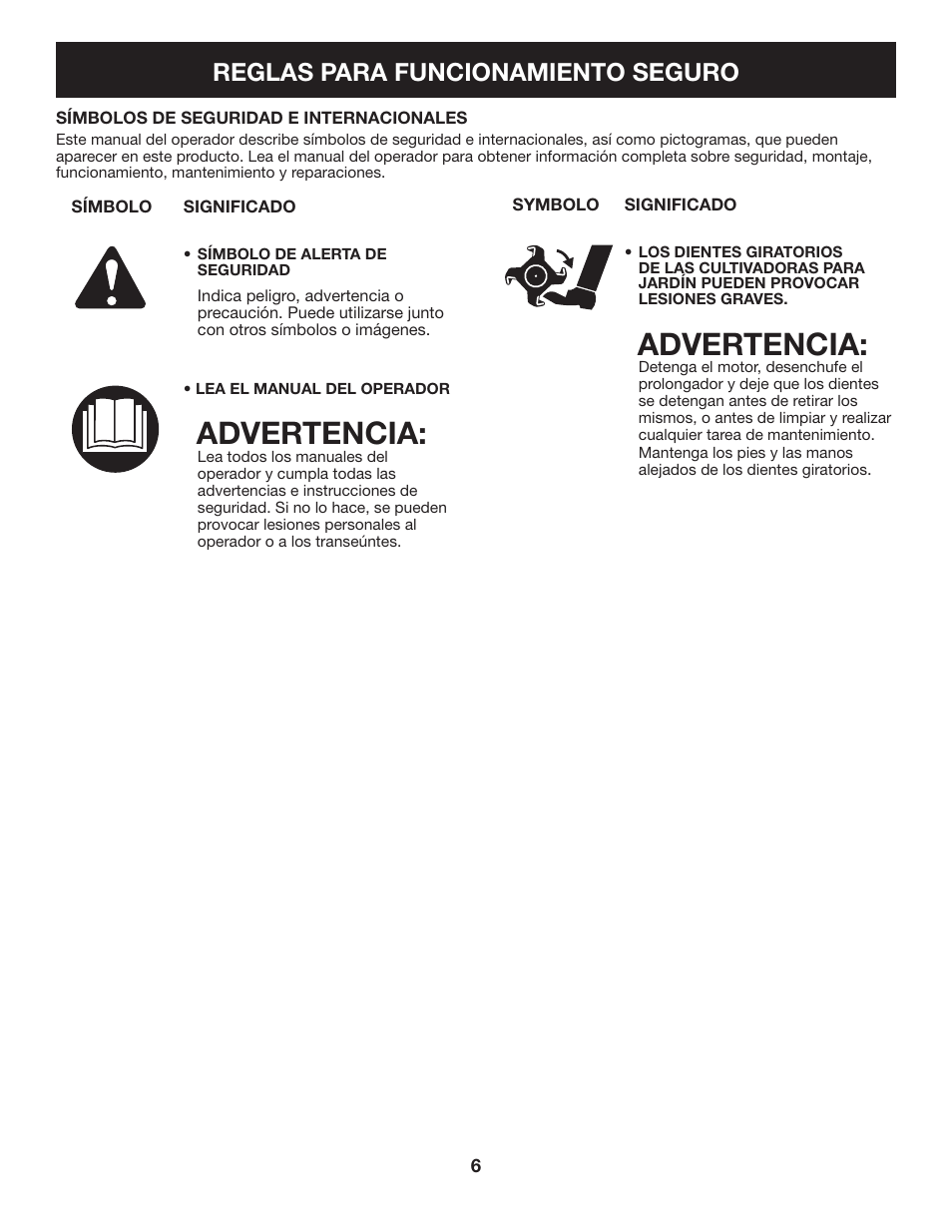 Advertencia, Reglas para funcionamiento seguro | Craftsman 316.2926 User Manual | Page 22 / 32
