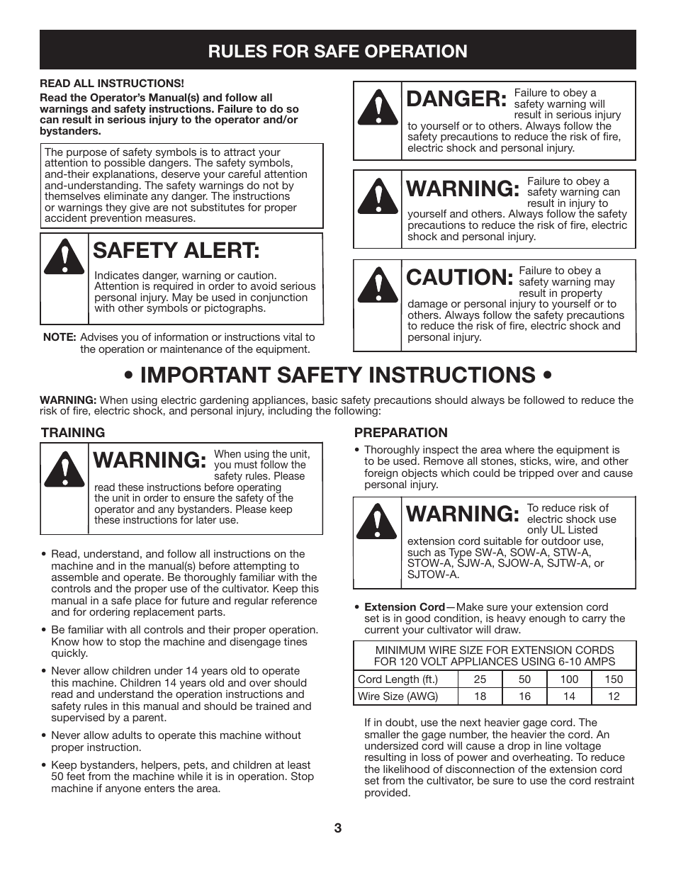 Important safety instructions, Warning, Safety alert | Danger, Caution, Rules for safe operation | Craftsman 316.2926 User Manual | Page 3 / 32