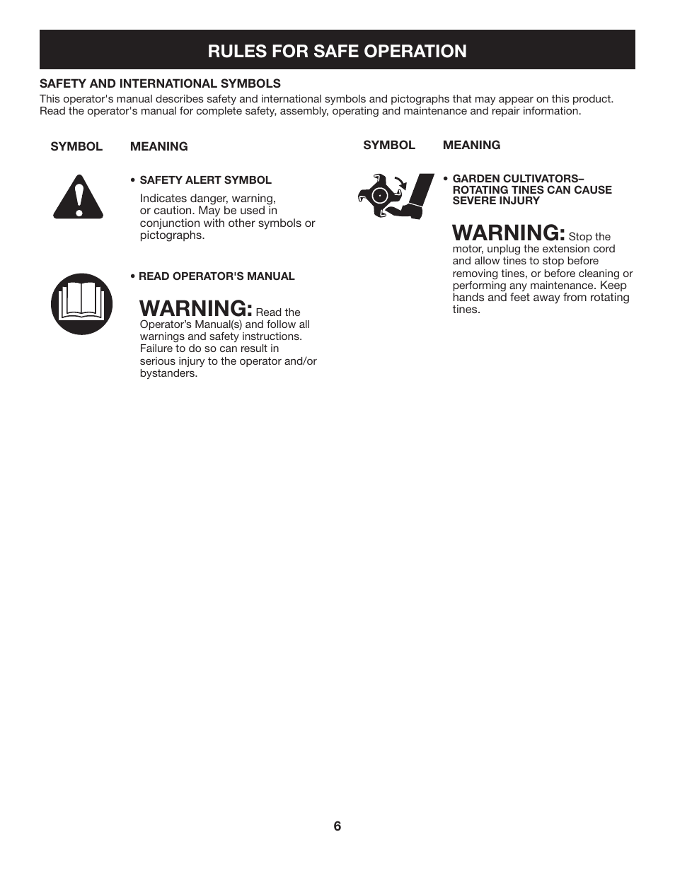Warning, Rules for safe operation | Craftsman 316.2926 User Manual | Page 6 / 32