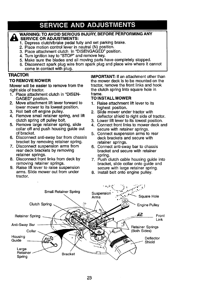 Service and adjustments, Tractor | Craftsman 917.272464 User Manual | Page 23 / 60