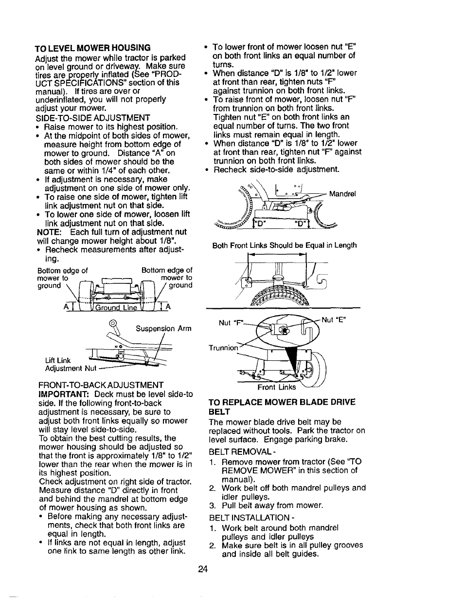 To level mower housing, To replace mower blade drive belt | Craftsman 917.272464 User Manual | Page 24 / 60