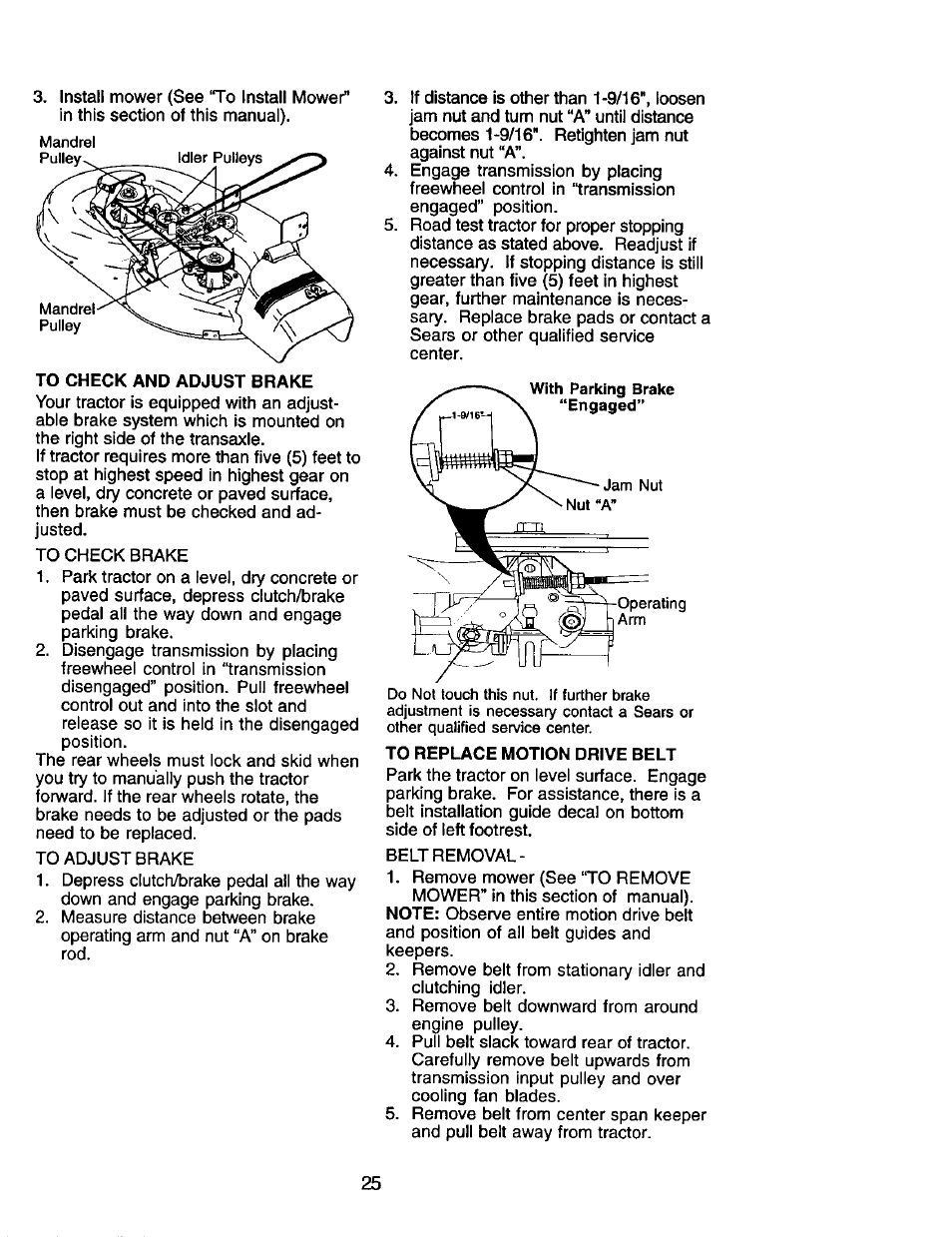 To check and adjust brake, To replace motion drive belt | Craftsman 917.272464 User Manual | Page 25 / 60