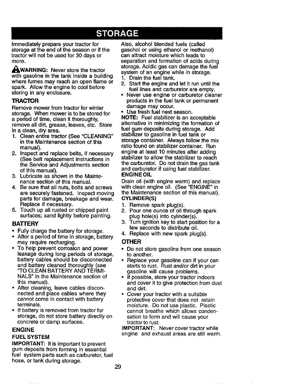 Storage, Tractor, Battery | Other | Craftsman 917.272464 User Manual | Page 29 / 60