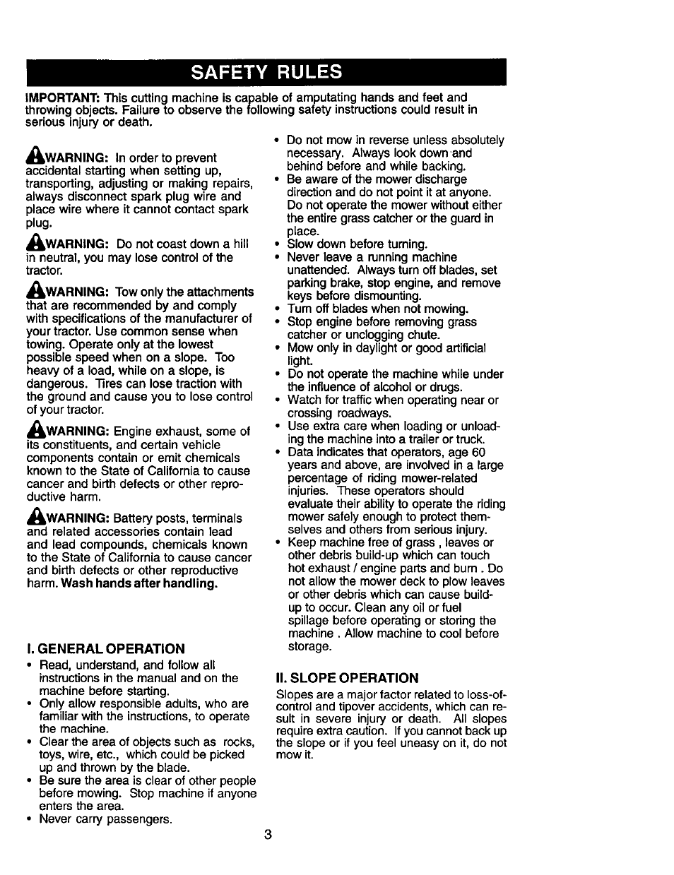 I. general operation, It. slope operation, Safety rules | Craftsman 917.272464 User Manual | Page 3 / 60