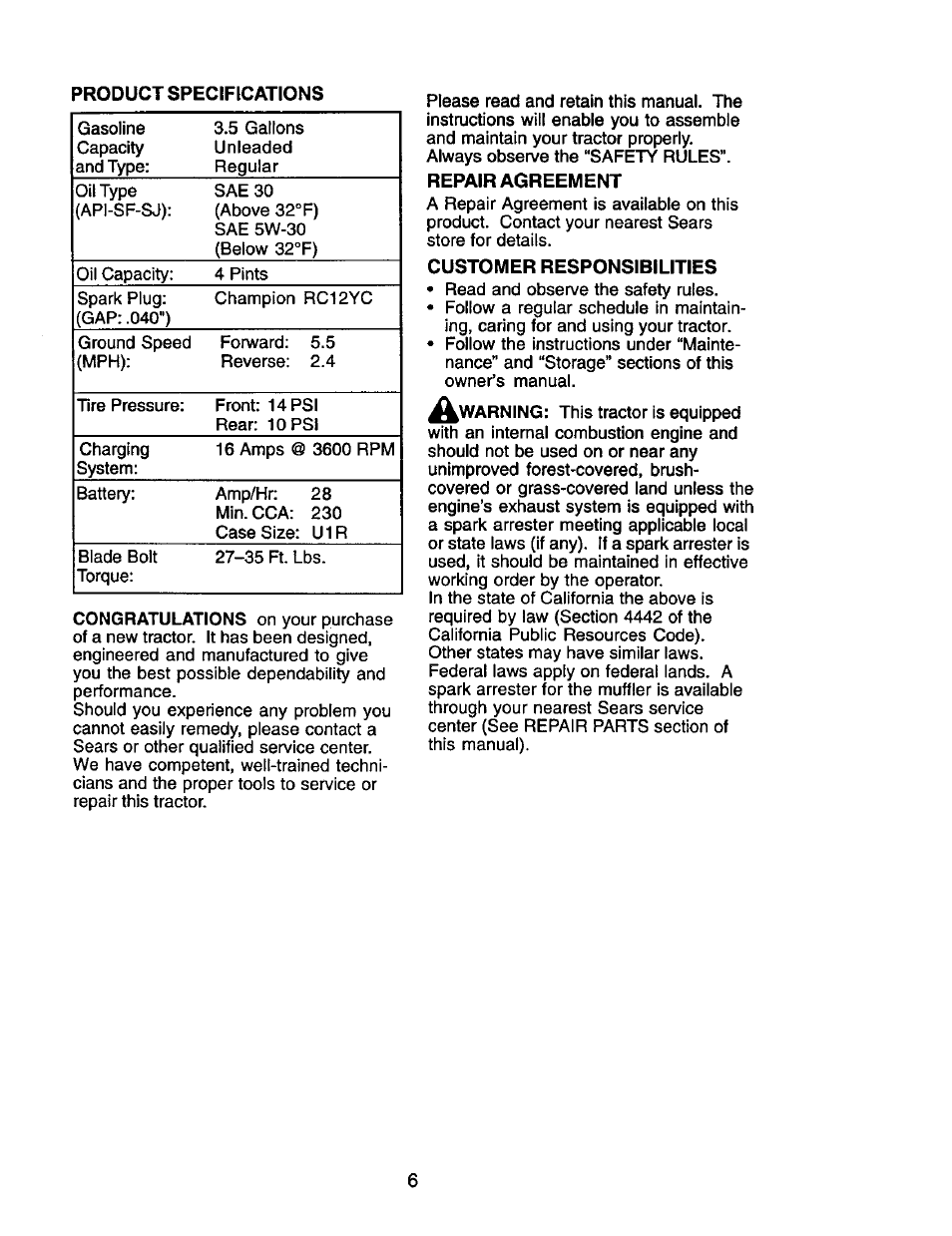Repair agreement, Customer responsibilities | Craftsman 917.272464 User Manual | Page 6 / 60