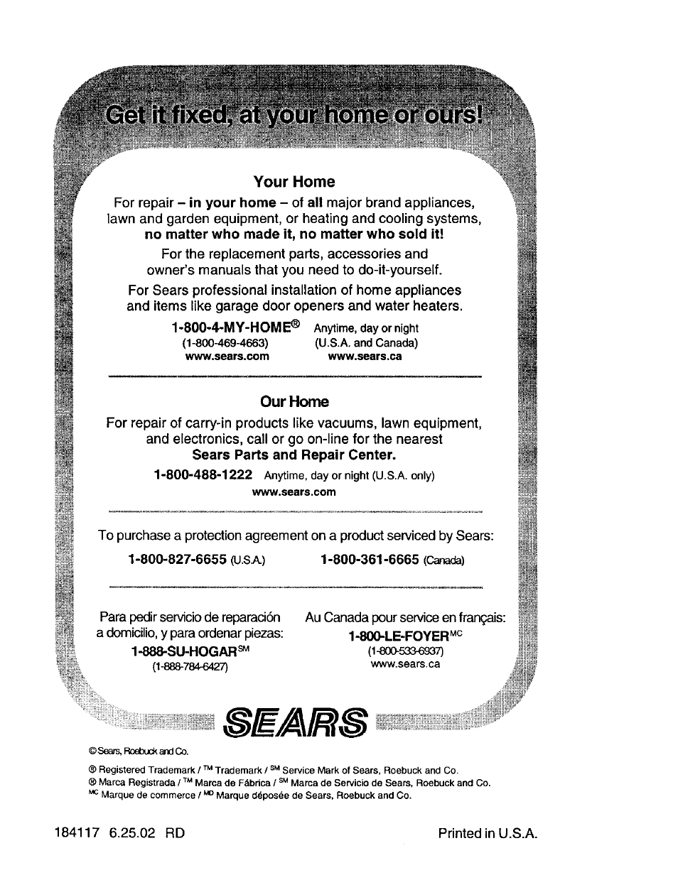 Your home, Our home, 800-le-foyer | Craftsman 917.272464 User Manual | Page 60 / 60