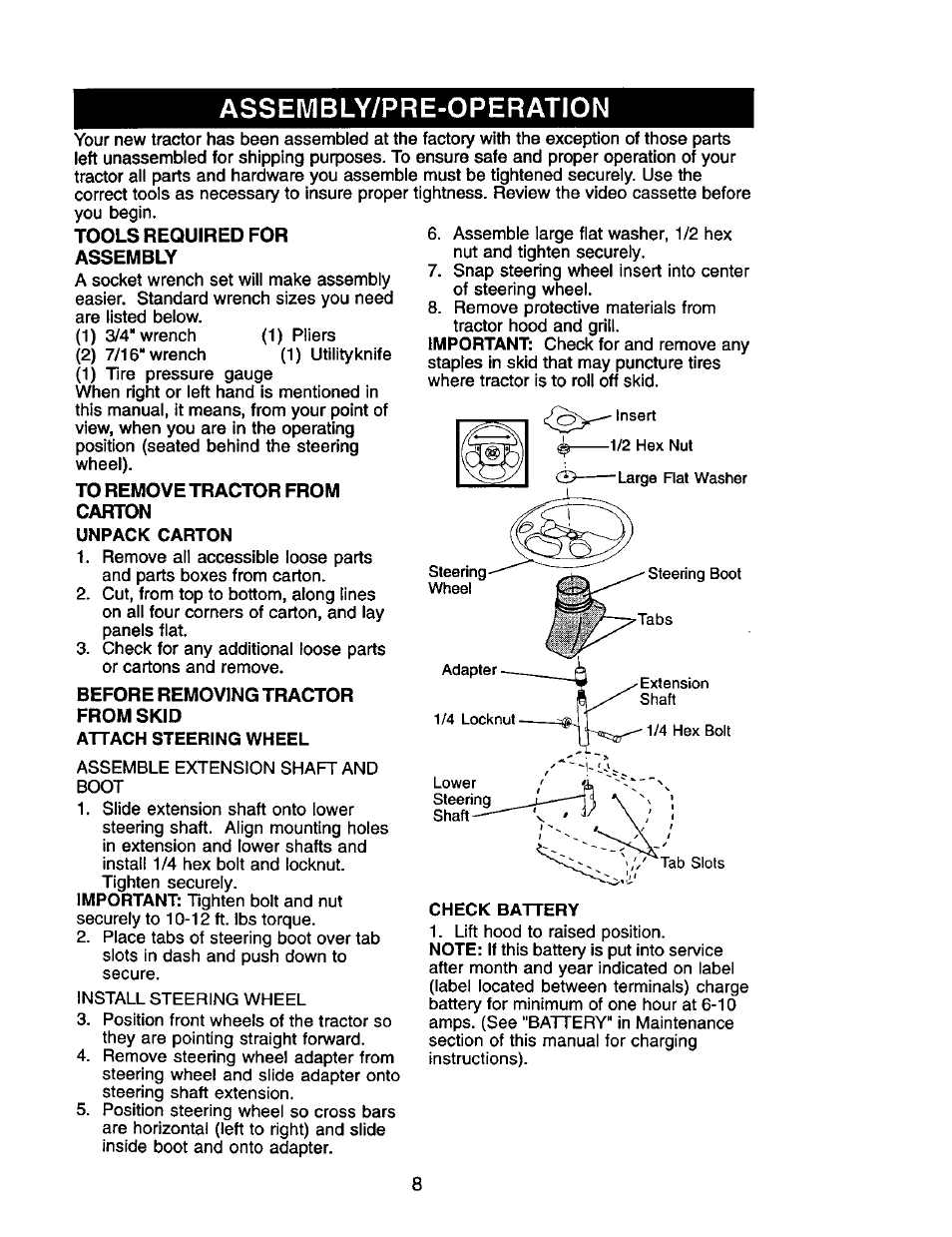 Assembly/pre-operation, Tools required for assembly, To remove tractor from carton | Unpack carton, Before removing tractor from skid, Attach steering wheel, Check battery | Craftsman 917.272464 User Manual | Page 8 / 60