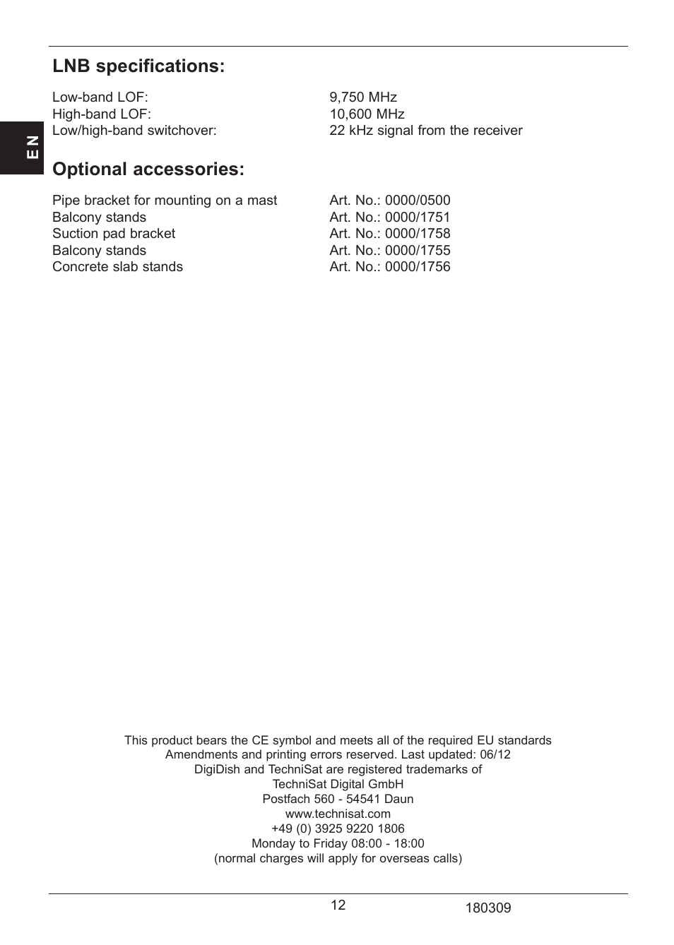 Lnb specifications, Optional accessories | TechniSat SATMAN 45 Mounting instruction User Manual | Page 12 / 84