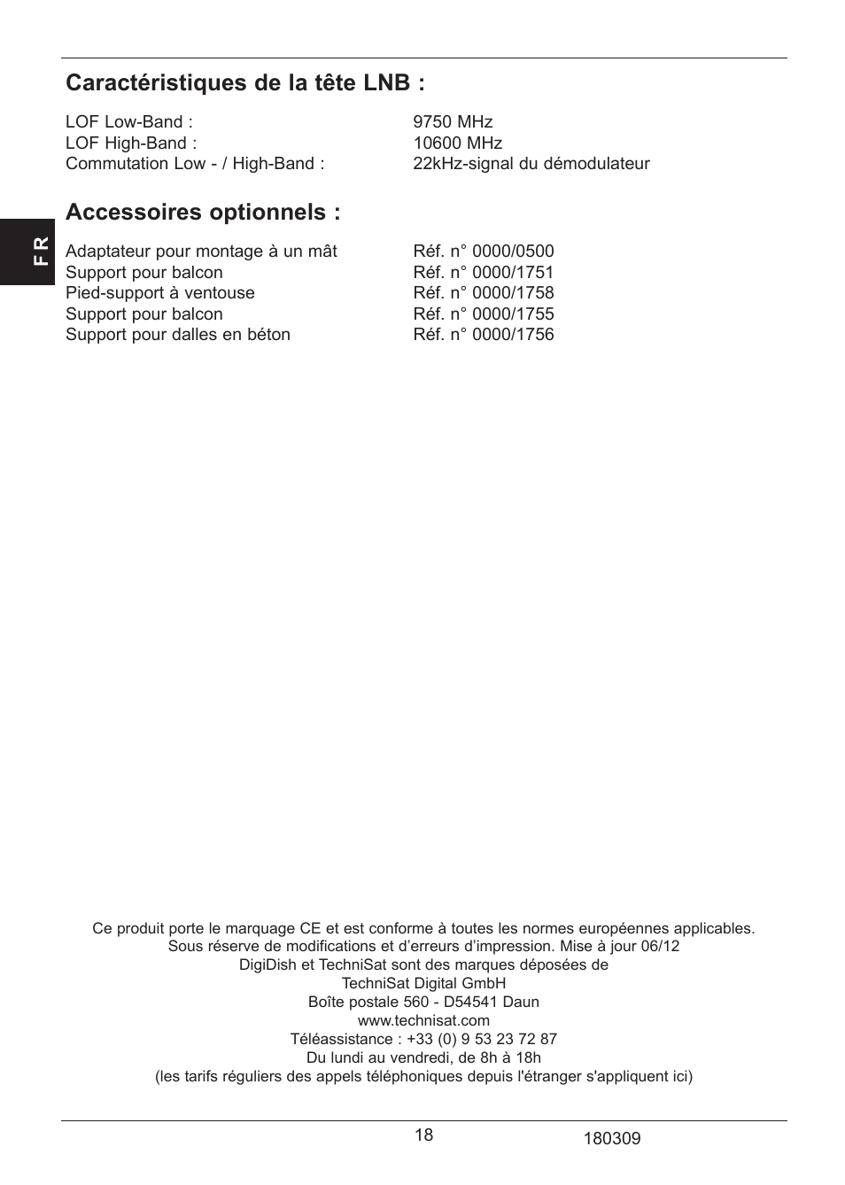 Caractéristiques de la tête lnb, Accessoires optionnels | TechniSat SATMAN 45 Mounting instruction User Manual | Page 18 / 84