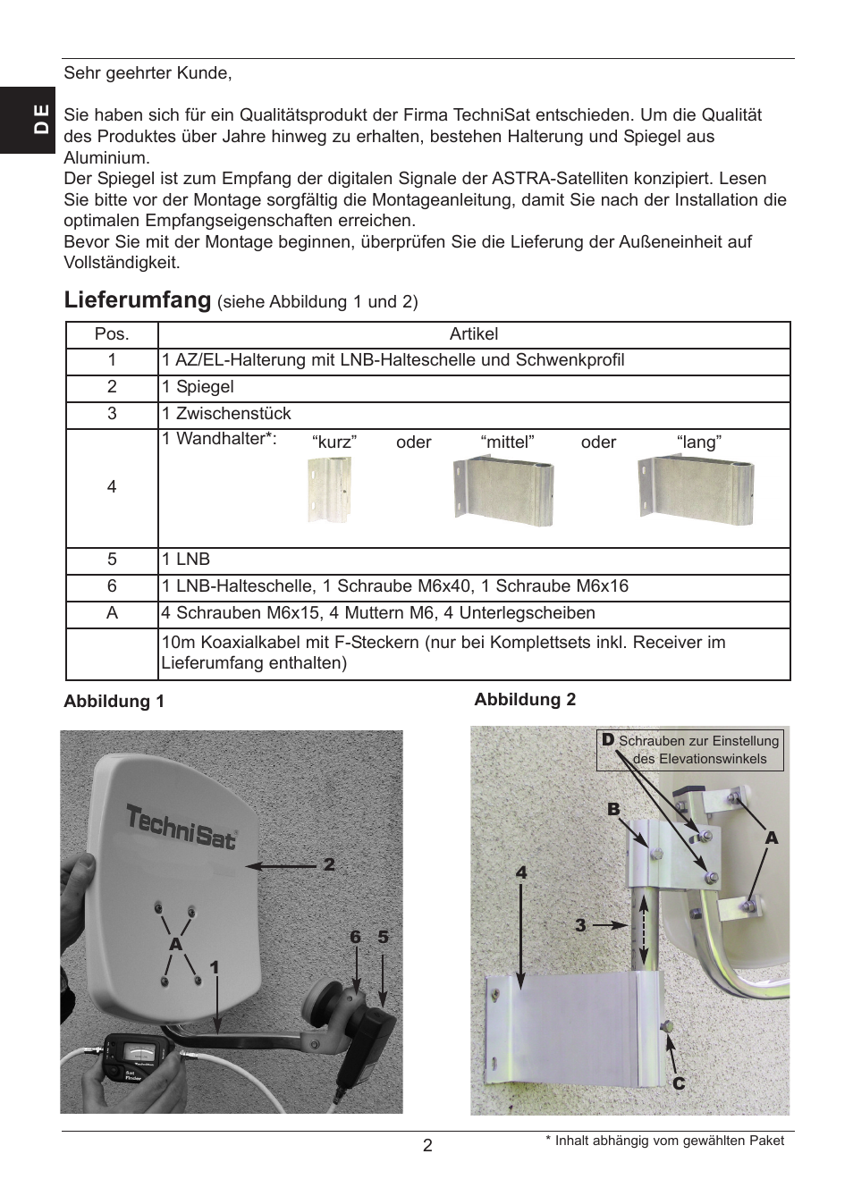 Lieferumfang | TechniSat SATMAN 45 Mounting instruction User Manual | Page 2 / 84