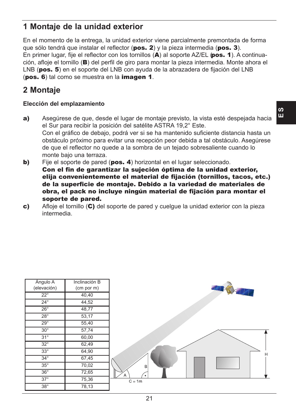 1 montaje de la unidad exterior, 2 montaje | TechniSat SATMAN 45 Mounting instruction User Manual | Page 21 / 84