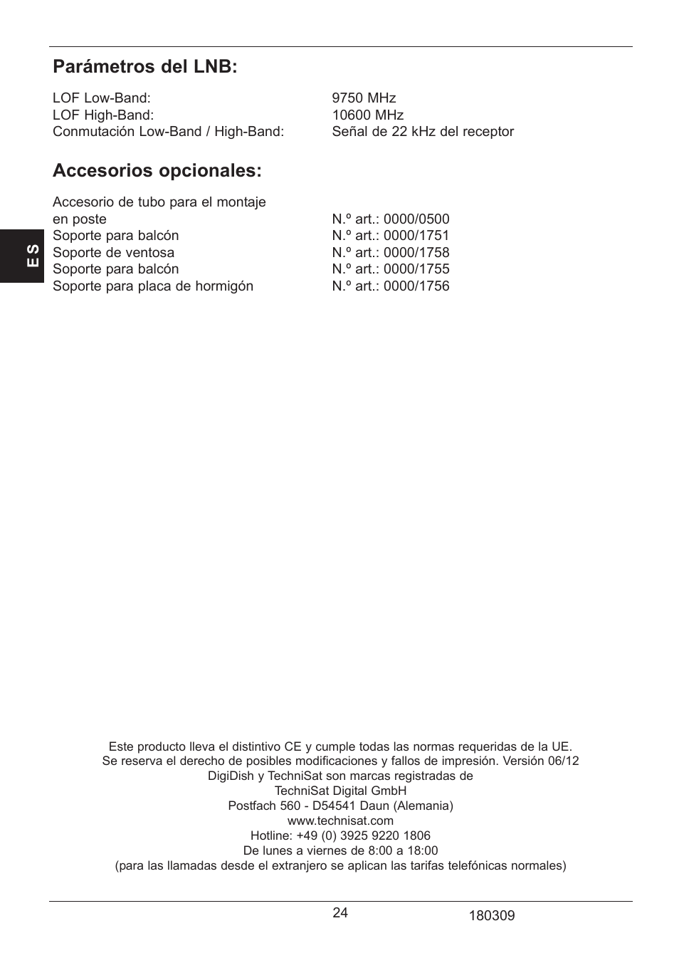 Parámetros del lnb, Accesorios opcionales | TechniSat SATMAN 45 Mounting instruction User Manual | Page 24 / 84