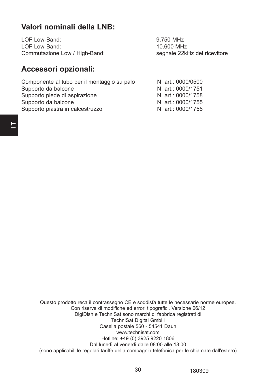Valori nominali della lnb, Accessori opzionali | TechniSat SATMAN 45 Mounting instruction User Manual | Page 30 / 84