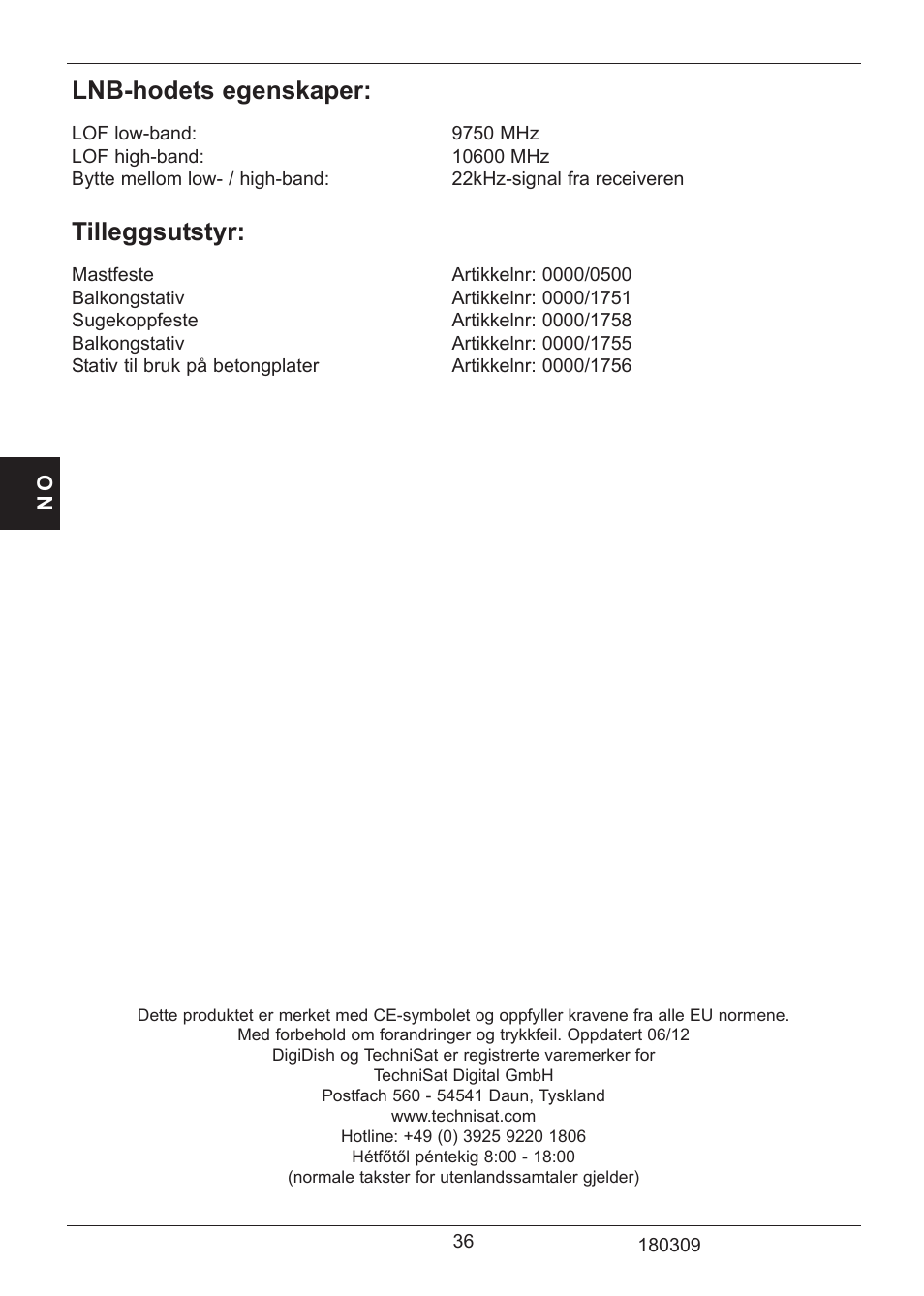 Lnb-hodets egenskaper, Tilleggsutstyr | TechniSat SATMAN 45 Mounting instruction User Manual | Page 36 / 84