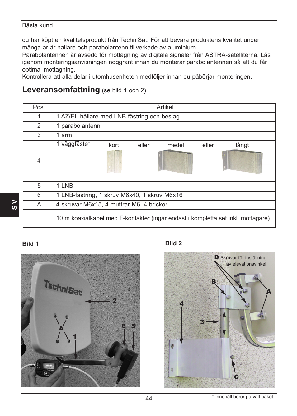 Leveransomfattning | TechniSat SATMAN 45 Mounting instruction User Manual | Page 44 / 84