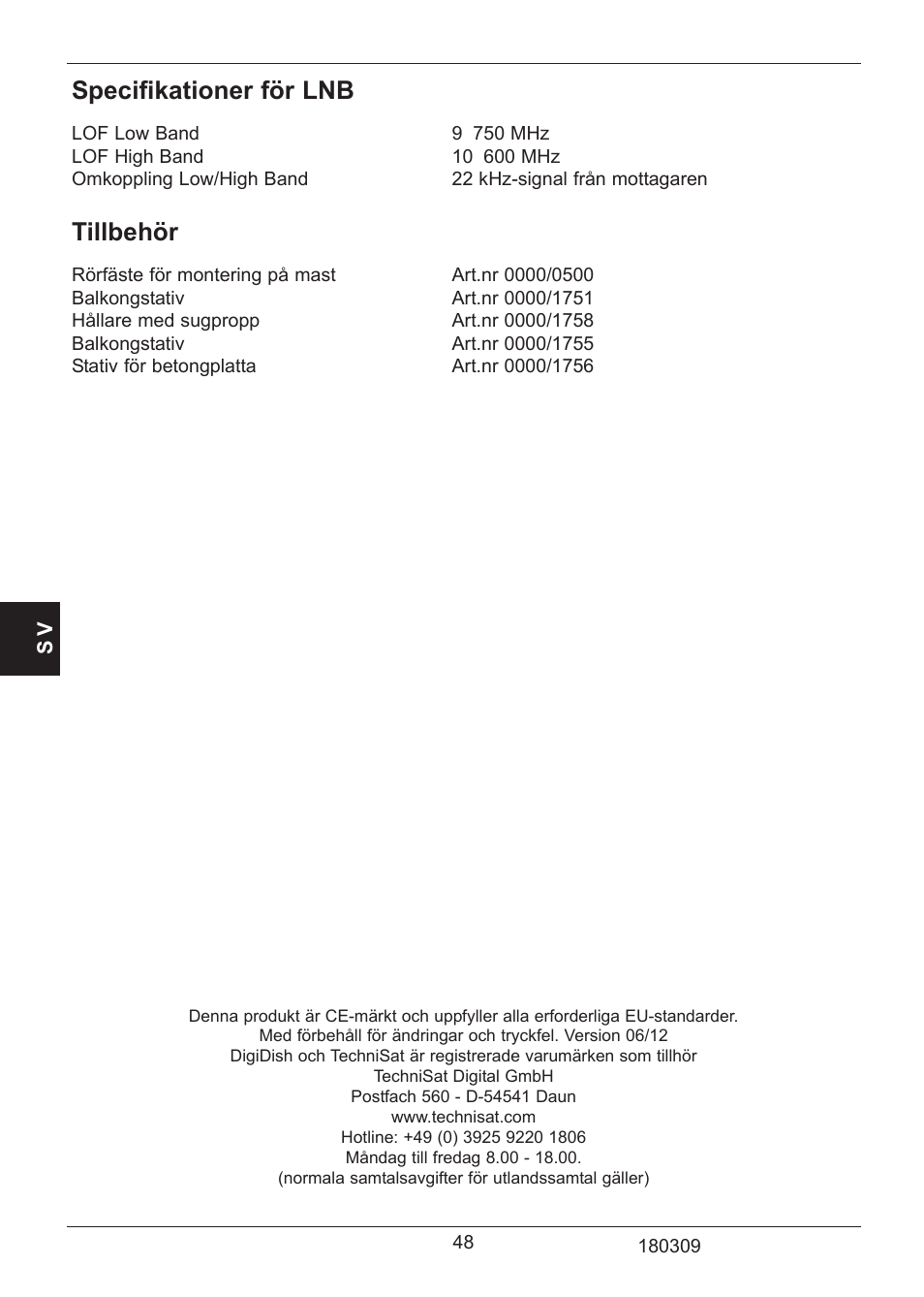 Specifikationer för lnb, Tillbehör | TechniSat SATMAN 45 Mounting instruction User Manual | Page 48 / 84